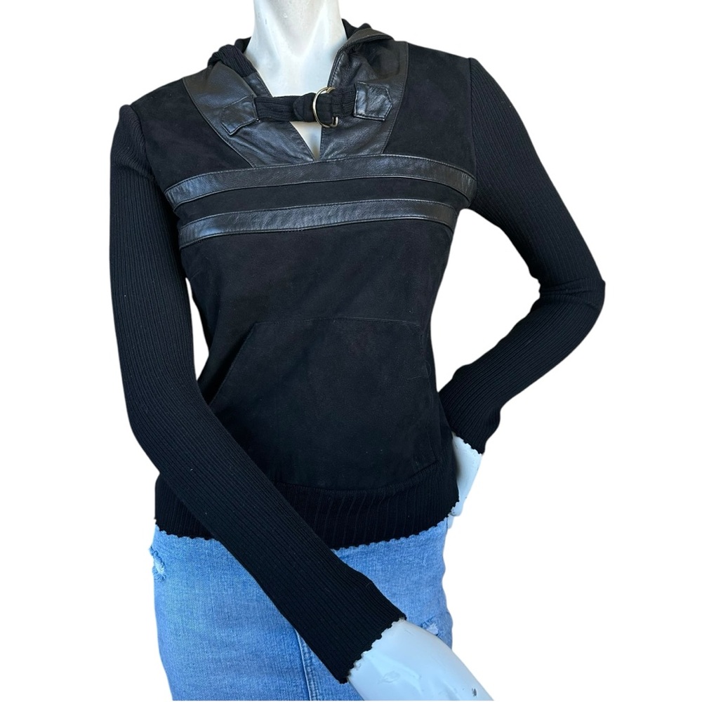 Vintage Mayle Wool Suede Leather Black Strappy Hooded Pullover Sweater Medium